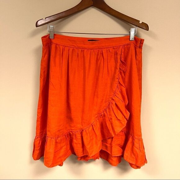 J Crew linen orange ruffled wrap skirt  size 14 - Picture 3 of 7